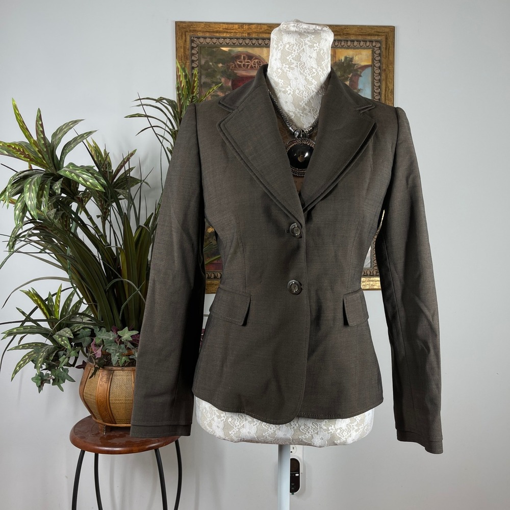 Tahari Blazer Women 2P Brown Wool Blend Two Button Professional Tailored Jacket